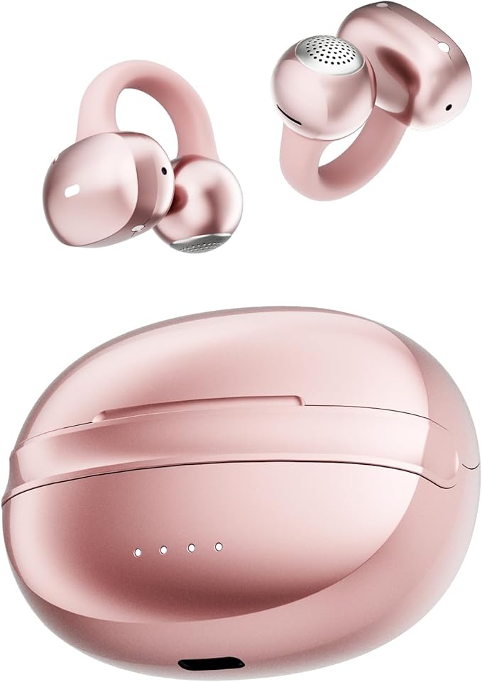 A50 Clip on Earbuds, Bluetooth 6.0 Wireless Open Ear Headphones w/5.3g Weightless Comfort,48H Playtime,3D Soundstage,Clear Call Mics,IPX5,Multipoint Connection,Fit for Workout Rose Glod-StrideForce Fitness