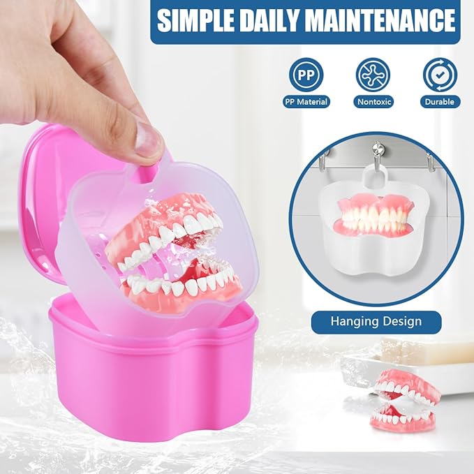 2 Pack Denture Bath Case Cup Box Holder Storage Container with Denture Cleaner Brush Strainer Basket for Travel Cleaning (White and Pink)