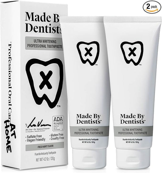 Made by Dentists Professional Ultra Whitening Toothpaste - 2 Pack - Sensitive Teeth Whitening Toothpaste with Sodium Fluoride & Hydrogen Peroxide, ADA Approved, Vegan, 2 x 4.2oz