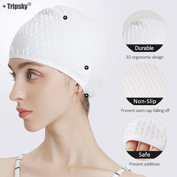 Tripsky Silicone Swim Cap,Comfortable Bathing Cap Ideal for Curly Short Medium Long Hair, Swimming Cap for Women and Men, Shower Caps Keep Hairstyle Unchanged…-StrideForce Fitness