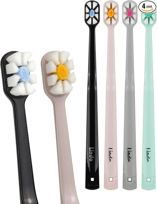 Lindo Polishing Toothbrush - for Sensitive Gums and Teeth, 12000+ Ultra Fine Bristles, Soft and Gentle, Deep Clean, Pack of 4 (Blue, Gray, Beige, Black) (Blue, Gray, Beige, Black, 4 Pack)