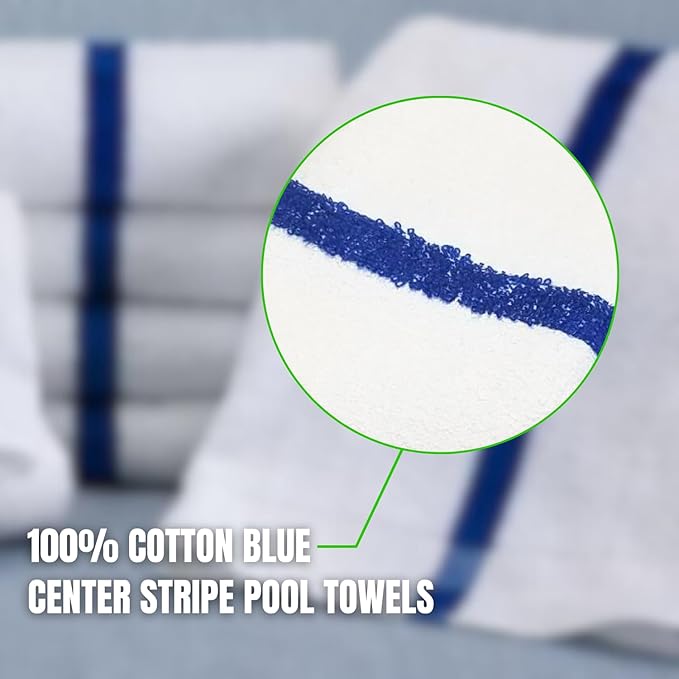 Towels N More 24x48 Soft Poolside Towels - 48 Large Super Absorbent Pool Towel White and Blue Center Stripe - Ideal for Home, Pool, Spa, Gym, Hotel, Motel Rental Room Use - 100% Cotton Bath Towels-StrideForce Fitness