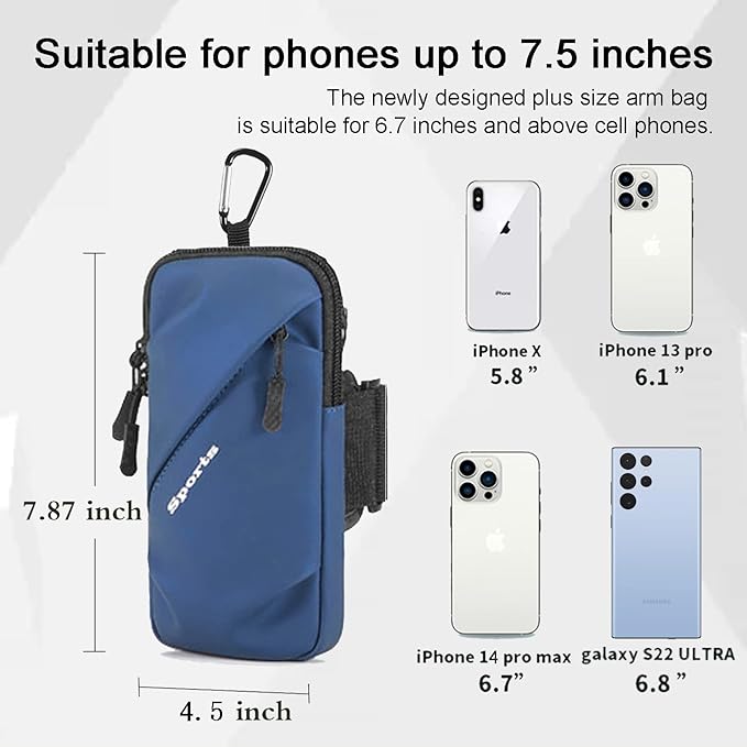Phone Holder Arm Bands, Small Crossbody Shoulder Holsters Bag with Arm Band, Fits iPhone and All Cell Phones, Use for Running, Walking, Hiking & Biking (Plus Size,Blue)-StrideForce Fitness