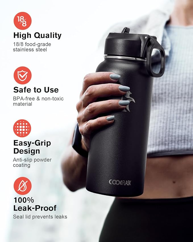 Water Bottle 32 oz Insulated with Straw, Coolflask Stainless Steel Metal 3 Lids Water Flask Wide Mouth for Sports or Office, Non-BPA Keep Cold Up to 48 Hrs or Hot Up to 24 Hrs, Magic Black-StrideForce Fitness