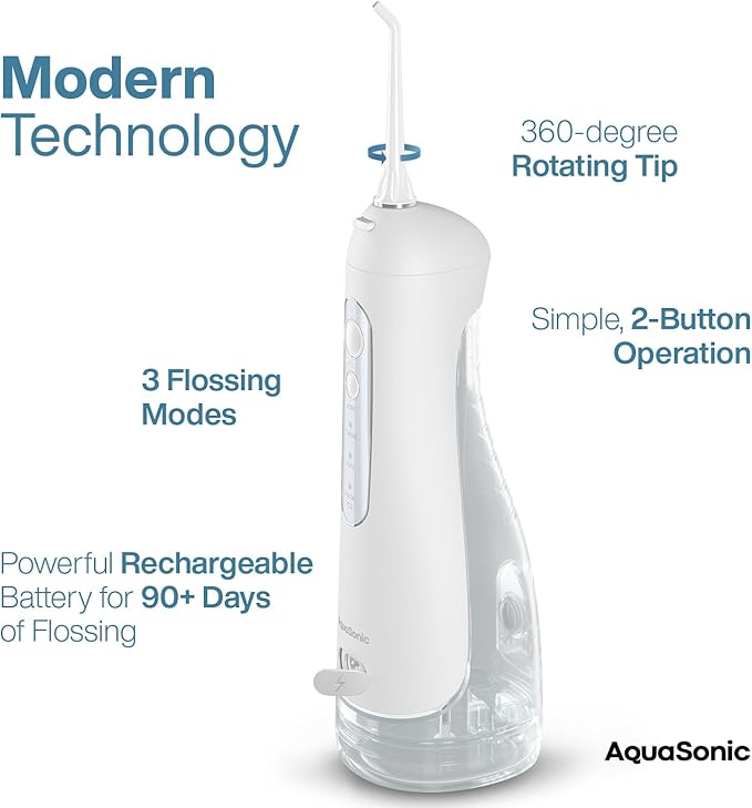 AquaSonic Aqua Flosser PRO - Rechargeable Cordless Water Flosser for Teeth, Gums & Tongue - Modern Design, 300ml Large Tank, 6 Jet Tips with Deluxe Tongue Nozzle, 3 Modes, Waterproof Optic White