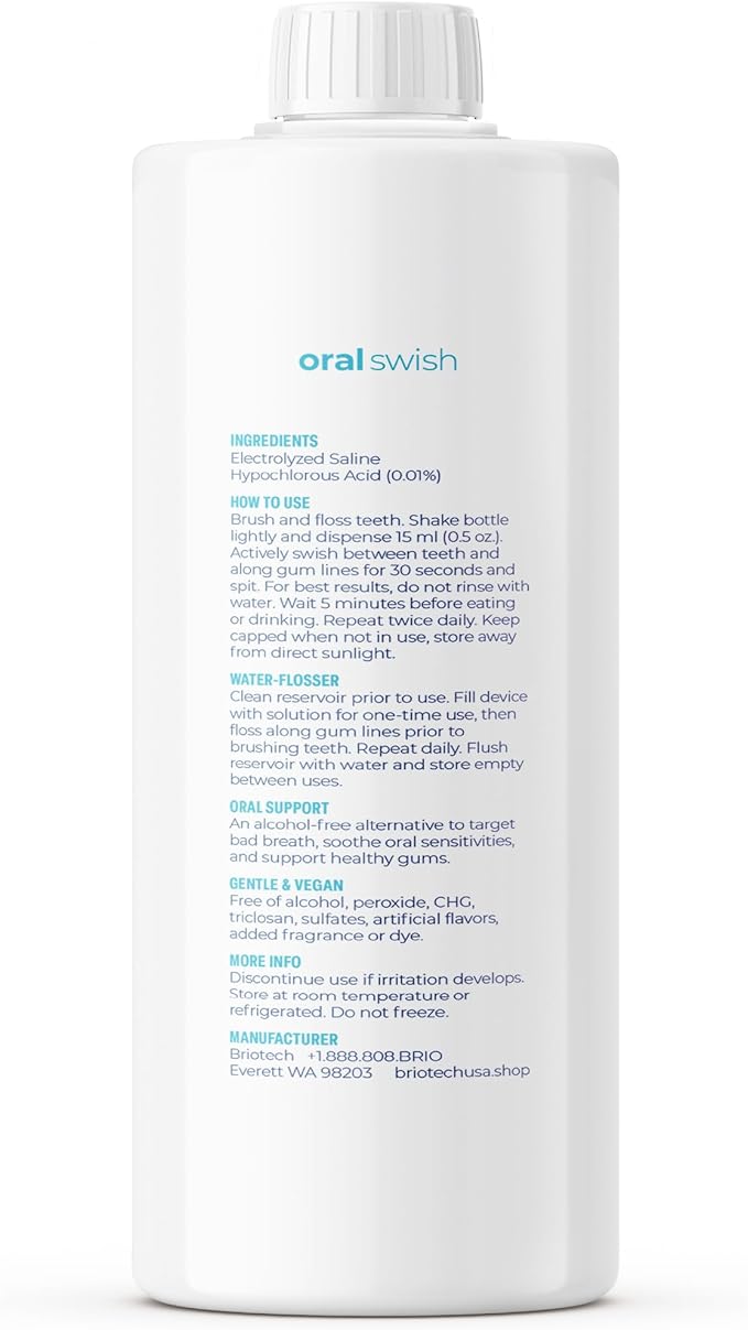 BRIOTECH Oral Swish, Hypochlorous Acid Mouthwash Rinse, Gentle Oral Care Hygiene, Fight Bad Breath, Support Against Plaque, Gum Irritation & Tender Gums, Alcohol & Fluoride Free, 32 fl oz (2 Pack)