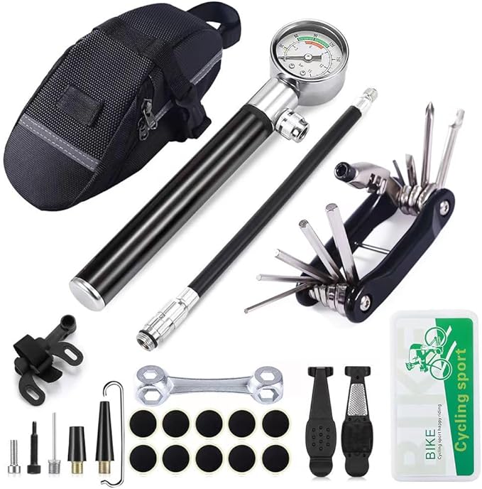 YBEKI Bike Tyre Repair Tool Kit - Bicycle Tool kit with 210 Psi Mini Pump 10-in-1 Multi-Tool with Chain Breaker, Tyre Levers &Tire Patch, Bone Wrench, 1 Portable Bag-StrideForce Fitness