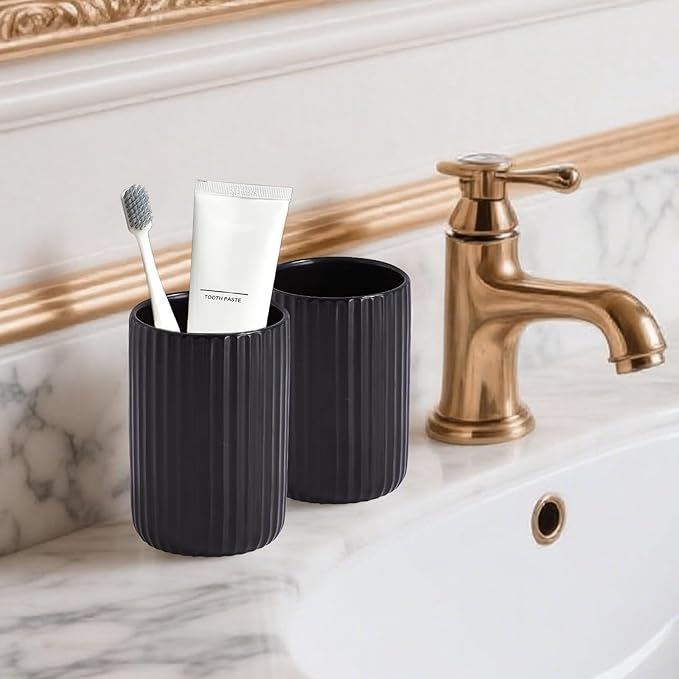 Black Toothbrush Holder, Ceramic Tooth Brush Holder Set, Ribbed Bathroom Cups Tumbler, Reusable Toothbrush Mouthwash Cup, Toothpaste Holder Toothbrush Organizer for Bathroom Counter