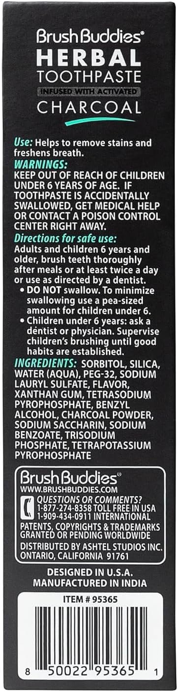 Brush Buddies Charcoal Toothpaste (2 Pack), 3.5 oz | Activated Charcoal Whitening Toothpaste | Fluoride-Free, Cool Mint | Herbal for Sensitive Teeth, Bad Breath & Stains