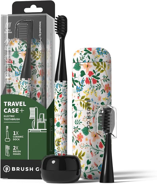 MIPOW Brush GO SlimPro i4 Electric Toothbrush Rechargeable Smart Ultra Sonic 3 Modes, Travel Case & Ceramic Dock, 60Day Battery Soft Bristles 2 Heads IPX7 Waterproof, Color-FloraBloom Edition