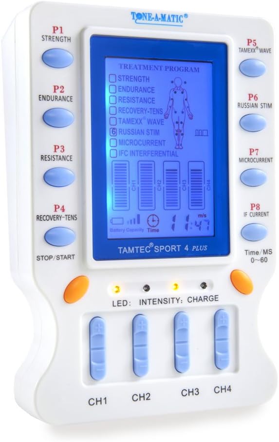 Electronic Muscle Stimulator – TAMTEC SPORT 4 TENS EMS Unit – Microcurrent, Interferential IFC, Russian Stim, ARP Recovery – Pain Relief, Muscle Building & Toning – Portable 4-Ch Electrotherapy Device-StrideForce Fitness