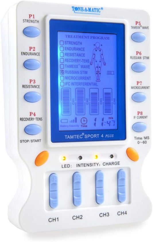 Electronic Muscle Stimulator – TAMTEC SPORT 4 TENS EMS Unit – Microcurrent, Interferential IFC, Russian Stim, ARP Recovery – Pain Relief, Muscle Building & Toning – Portable 4-Ch Electrotherapy Device-StrideForce Fitness