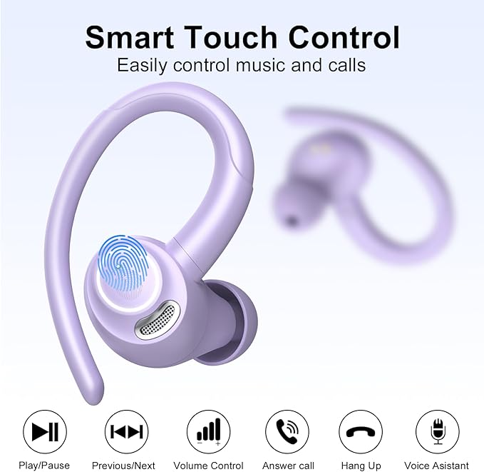Wireless Earbuds Bluetooth 5.3 Headphones Sports, 48Hrs Playtime Bluetooth Earbuds with CVC 8.0 Mic, Stereo Bass Over Ear Bud with Earhooks, LED Display, IP7 Waterproof Earphon for Running Purple-StrideForce Fitness