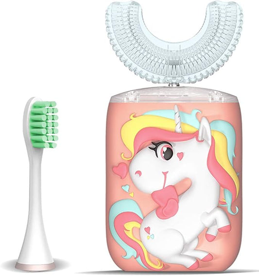 Kids Toothbrush Electric, U Shaped Ultrasonic Automatic Toothbrush with 2 Brush Heads, Six Cleaning Modes, Cartoon Modeling Design for Kids, Special for Birthday Gift (Pink, Kids 2-7)