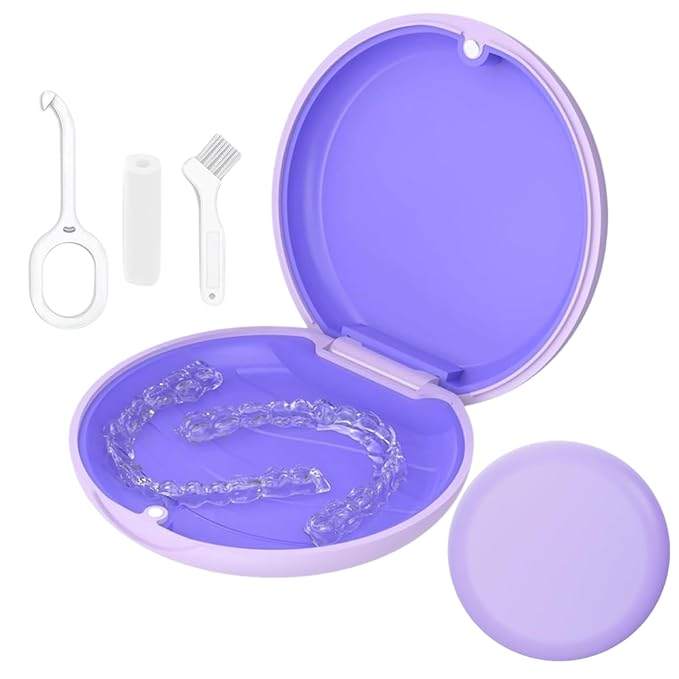 Retainer Case, Slim Aligner Cases for Invisalign, Mouthguard Case with Removal Tools& Aligners Chewies& Brush, Removable Inner Tray Silicone for Easy Cleaning (Purple)