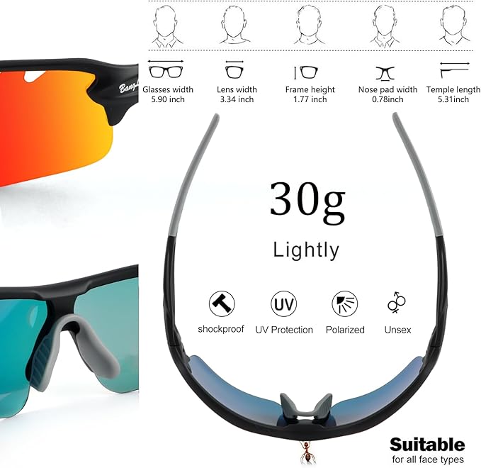 BangLong Polarized Sports Sunglasses Cycling Sun Glasses for Men Women with 5 Interchangeable Lenes for Running Baseball Golf-StrideForce Fitness