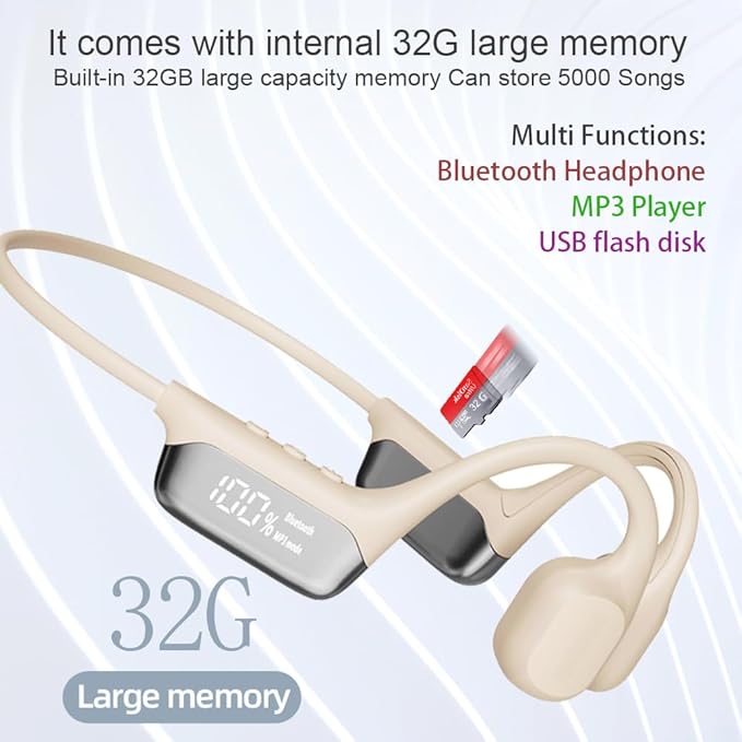 IHAO Swimming Headphones True Bone Conduction Open Ear Headset MP3 Player Built-in 32G Memory IP68 Underwater Waterproof Stereo Bluetooth Earphone for Driving Bicycling Running Skiing-White-StrideForce Fitness