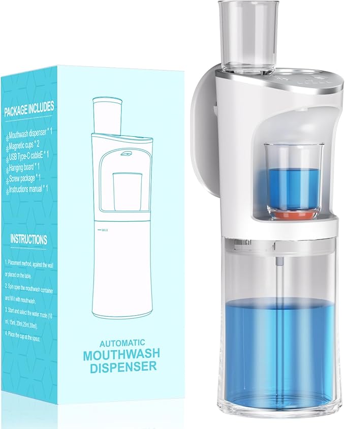 Automatic Mouthwash Dispenser for Bathroom, 2000mAh Electric Touchless Mouthwash Dispenser with Magnetic Cups, 20 Oz Wall Mounted/Countertop Mouthwashs Dispensers for Kids & Adults(White)
