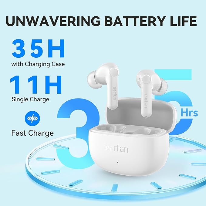 EarFun Air Life Wireless Earbuds, 12mm Driver with Deep Bass, Bluetooth 5.4 in-Ear Earbuds, 4 Mics AI ENC Call, 35H Playtime, 30 Preset EQs Via App, Comfortable Fit, Fast Charging, IPX5, White-StrideForce Fitness