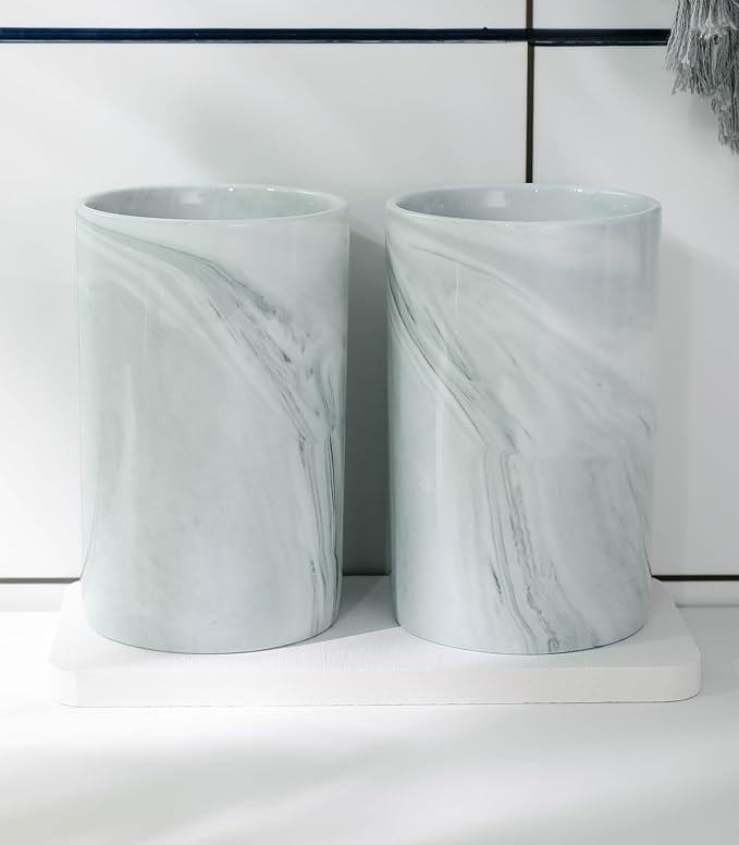 Kelake Ceramic Rustic Gray Marble Bathroom Tumbler Cup for Mouthwash Rinsing Toothbrush and Toothpaste Holder Stand Cups 280 ml Porcelain Milk Drinking Cups for Christmas Birthday