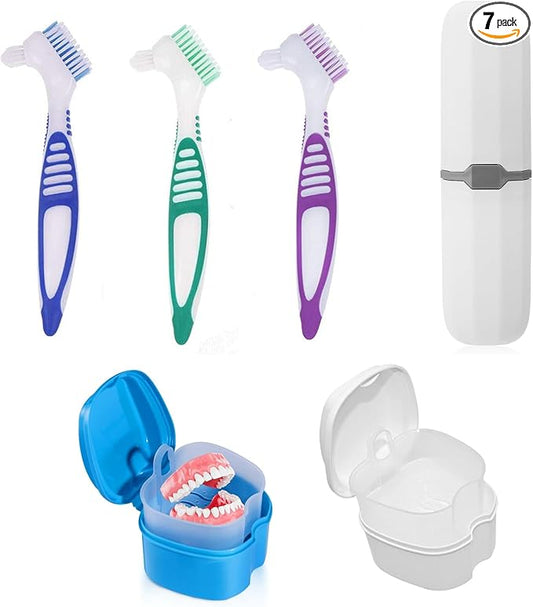 6 Piece Denture Cleaning Kit 3 Double-Sided Denture Brushes, 1 Travel Denture Cleaning Brush Case, and 2 Denture Cases with Strainer Baskets – Complete False Teeth Cleaning Solution
