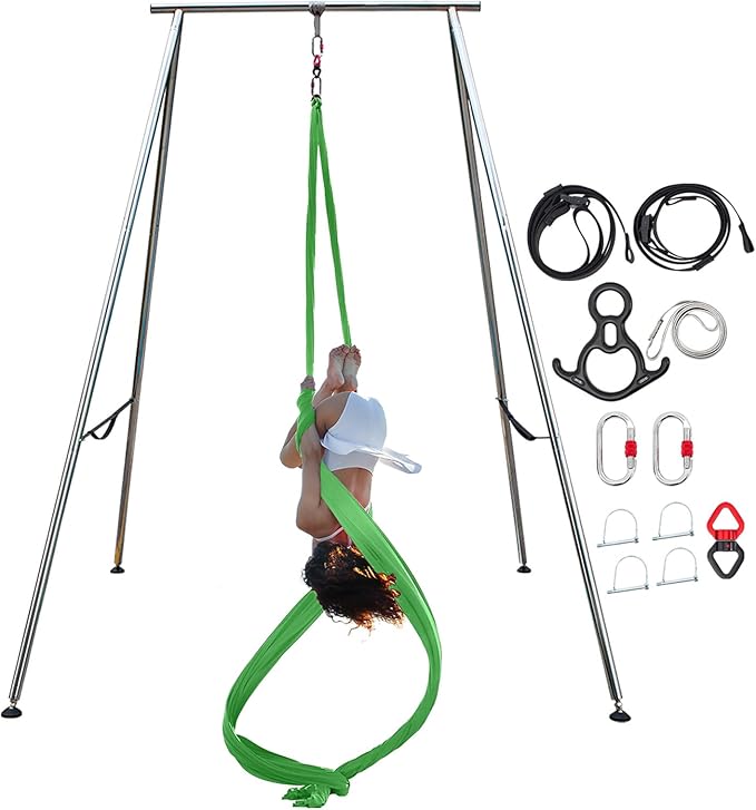 TECSPEC 9.6 FT/115.3 Inch Adjustable Height Aerial Yoga Frame & Hammock, Professional Swing Stand with 18 FT/33FT Aerial Silk, 550lbs Max Capacity-StrideForce Fitness