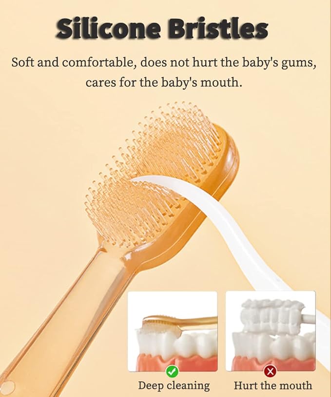 FOKiiBO Baby Silicone Toothbrush Set, Toothbrush + Tongue Brush + Baby Teether + Finger Toothbrush with Cup for Training Teething, 0-18M Infant Toddler Newborn Baby Teeth Brushes (Blue)