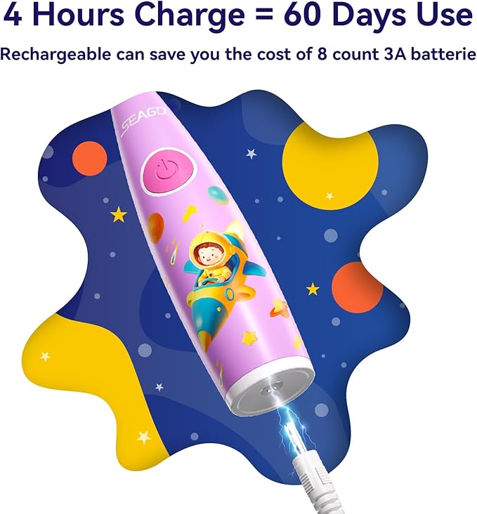 SEAGO Kids Electric Toothbrush Rechargeable with Smart Timer, LED Observing Light & DIY Stickers for Toddlers Ages 2-4, Soft Bristles for Oral Care, USB Charging (Pink)