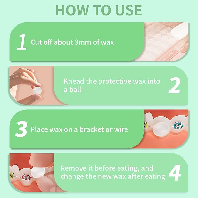 1+3 Pack Orthodontic Wax for Braces Aligners 120 Precut Wax Dots, Braces Wax, Hardcover Box Dental Wax with Mirror for Home Travel Office, Mint Flavored