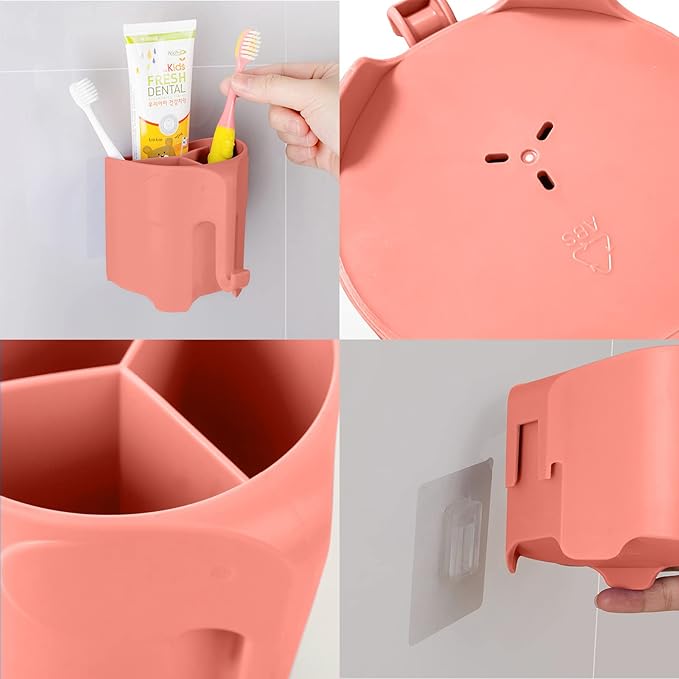 Kids Toothbrush Holder, Cute Elephant Toothbrush Holders for Toddler, Toothbrush Toothpaste Holder for Bathroom, Toothbrush Organizer with 3 Slots and a Hook, Watermelon Red