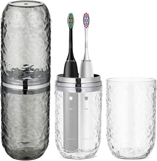 2PCS Travel Toothbrush Case with Cover, Portable Toothbrush Holder Cup Storage Container Dustproof Toothbrush Case for Bathroom Trip School Camping (Clear & Grey)