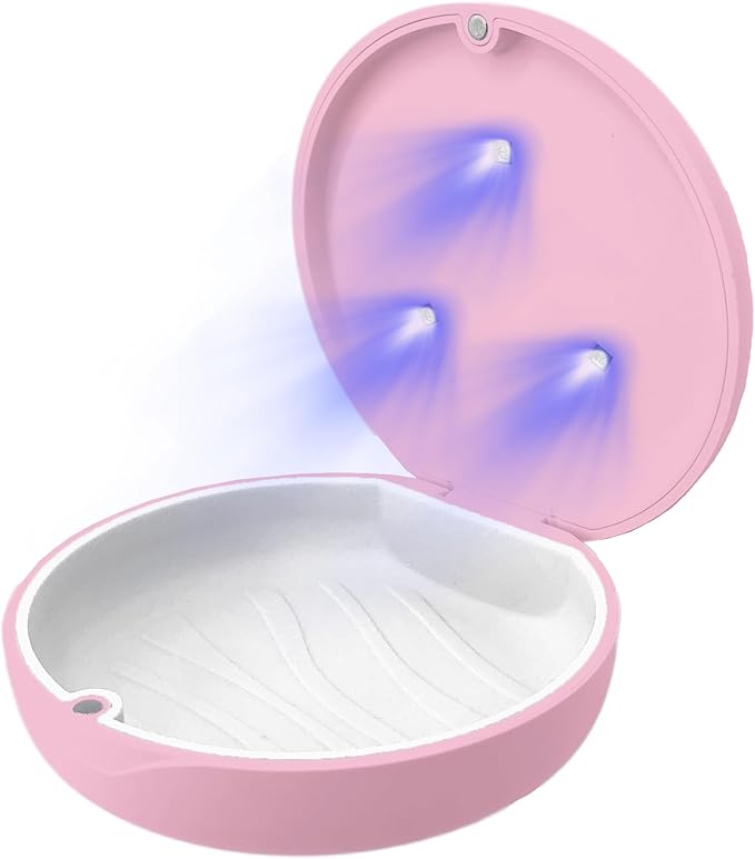 UV Retainer Case for Invisalign, Aligners, Dental Braces, Mouth Guard, Dentures and Night Guard - Small and Portable UV Retainer Cleaner Case with UVC Lights (Pink & White)