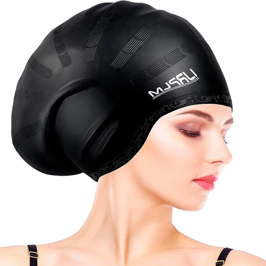 Swim Cap Long Hair,Silicone Swimming Caps with 3D Ear Cover,Waterproof Adult Swim Hats Bathing Caps for Women Men,Keep Your Hair Dry-StrideForce Fitness