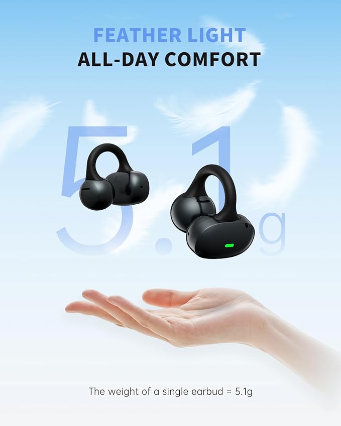 Open Ear Earbuds, Clip-On Earbuds Wireless Bluetooth, Ear Clip Bluetooth Headphones, Lightweight Comfort, Ergonomic Secure Fit for Small Ears, Ultra Open Audio, Waterproof, 40H Playtime-StrideForce Fitness