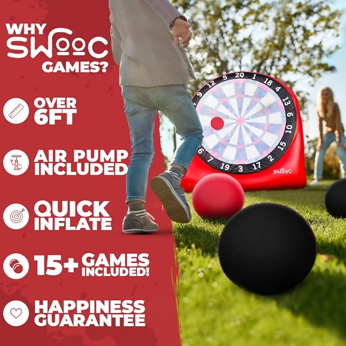 SWOOC Games - Inflatable Giant Kick Darts (15+ Ways to Play) - Jumbo Soccer Dartboard w/Air Pump - Big Carnival Games - Giant Outdoor Games - Oversized Dart Board Yard & Lawn Game for Kids & Adults-StrideForce Fitness