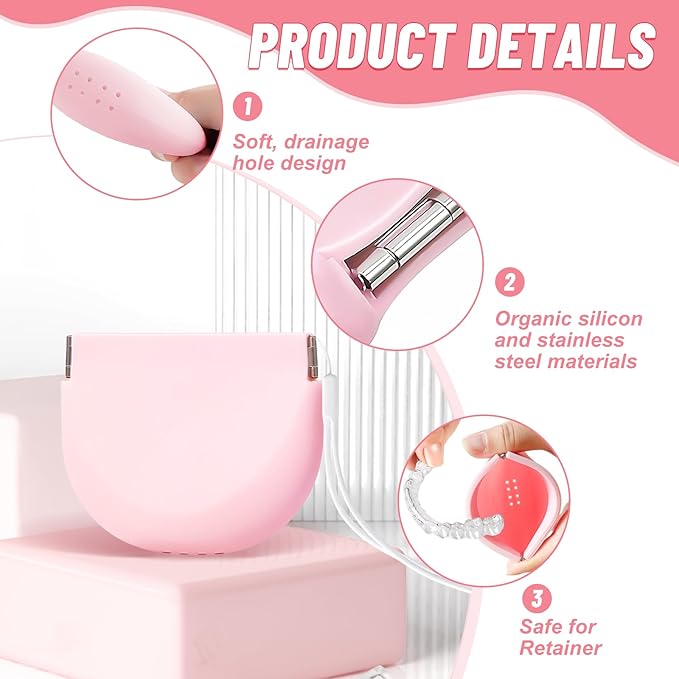 Silicone Retainer Denture Storage Case Holder, Portable Slim Dental Container Cleaning Box with Drain Holes and Leakproof for Aligners, Mouth Guards, Night Guards, Removable Dental Appliances (Pink)