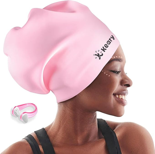 Keary Extra Large Swim Cap for Braids and Dreadlocks Extensions Weaves Long Hair, Waterproof Silicone Cover Ear Bath Pool Shower Swimming Cap for Adult Youth to Keep Hair Dry, Easy to Put On and Off-StrideForce Fitness