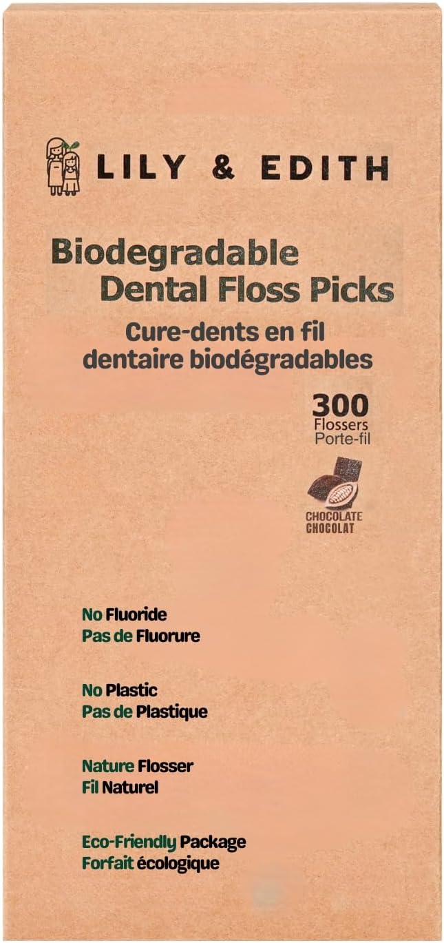 LILY & EDITH Biodegradable Dental Floss Picks Adults and Kids 300 Counts, Fluoride-Free, Plant Based Straw Wheat Material, Planet Protector, Zero Waste Package, Shred Resistant (Chocolate)