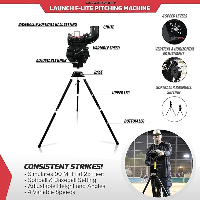 PowerNet Launch F-lite Softball & Baseball Pitching Machine, Dimpled Practice Balls, Bucket of Baseballs, Coaching Bucket Bundle for Pitching Machine, Baseball Training Equipment-StrideForce Fitness