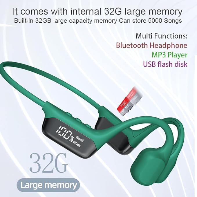 IHAO Swimming Headphones True Bone Conduction Open Ear Headset MP3 Player Built-in 32G Memory IP68 Underwater Waterproof Stereo Bluetooth Earphone for Driving Bicycling Running Skiing-S10 Green-StrideForce Fitness