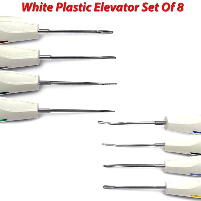 MEDSPO Professional Dental Instruments Osteotome Periotome Luxating Elevator Implant | Orthodontic PDL Teeth | Surgical Root Extraction Spreading (White plastic Elevator set of 8)