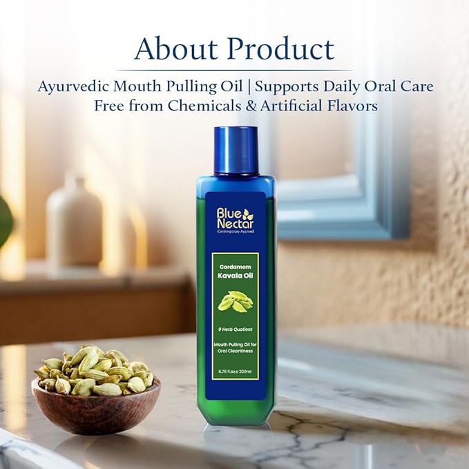 Blue Nectar Cardamom Mint Oil Pulling for Mouth | Ayurvedic Mouth Freshener & Mouthwash | Natural Pulling Oil for Cool Fresh Breath & Daily Oral Care (9 Herbs, 3.38 Fl Oz)