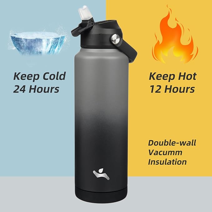 Insulated Water Bottle with Straw Lid,40 oz Stainless Steel Vacuum Metal Bottle with Silicone Handle,Gray Black-StrideForce Fitness