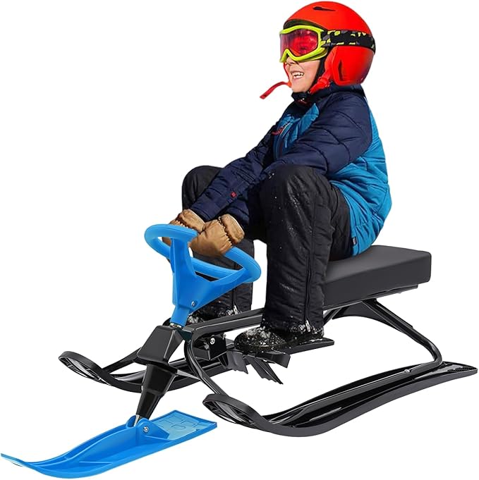 Snow Racer Sled with Steering Wheel and Brakes, Durable Steel Frame, Downhill Steerable Sled for 220 LBS Kids, Teenagers, Adults-StrideForce Fitness