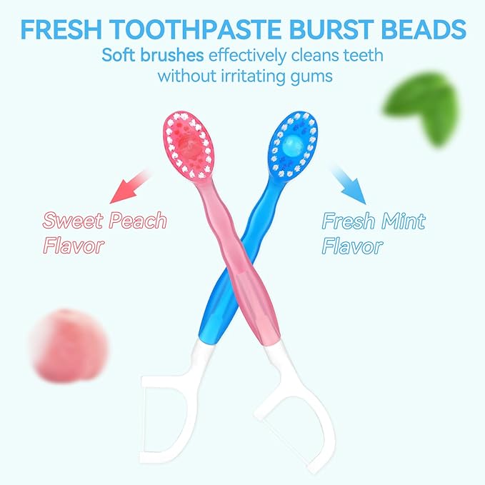 Erinde 5 in 1 Mini Disposable Toothbrushes with Toothpaste + Tongue Scraper + Picks + Floss Travel Case, Prepasted Travel Toothbrushes Pick for Work or Travel, Soft Brushes, 12 Count (Mint & Peach)