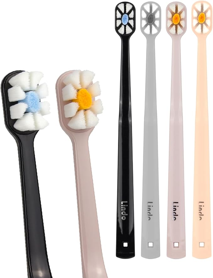 Lindo Polishing Toothbrush - for Sensitive Gums and Teeth, 12000+ Ultra Fine Bristles, Soft and Gentle, Deep Clean, Pack of 4 (Blue, Gray, Beige, Black) (Black, Gray, Beige, Peach, 8 Pack)