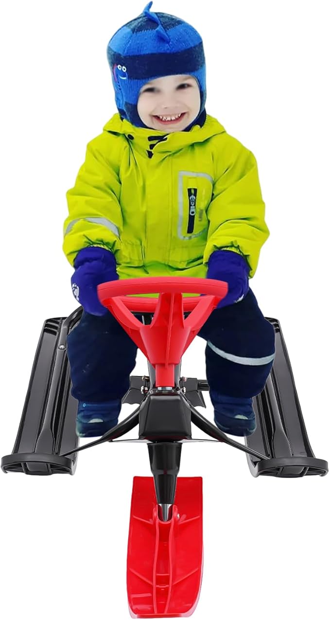 Snow Racer Sled with Steering Wheel and Brakes, Durable Steel Frame, Downhill Steerable Sled for 220 LBS Kids, Teenagers, Adults-StrideForce Fitness