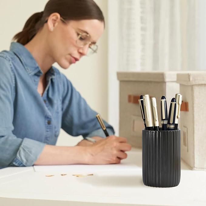 Black Toothbrush Holder, Ceramic Tooth Brush Holder Set, Ribbed Bathroom Cups Tumbler, Reusable Toothbrush Mouthwash Cup, Toothpaste Holder Toothbrush Organizer for Bathroom Counter