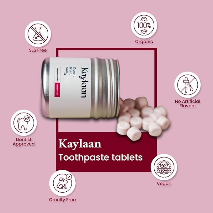 Kalyaan Kids Toothpaste Tablets with Fluoride | Whitening, Sensitivity Relief & Cavity Protection | Chewable, Plastic-Free, Travel-Friendly - Watermelon, 90 Count, Made in USA