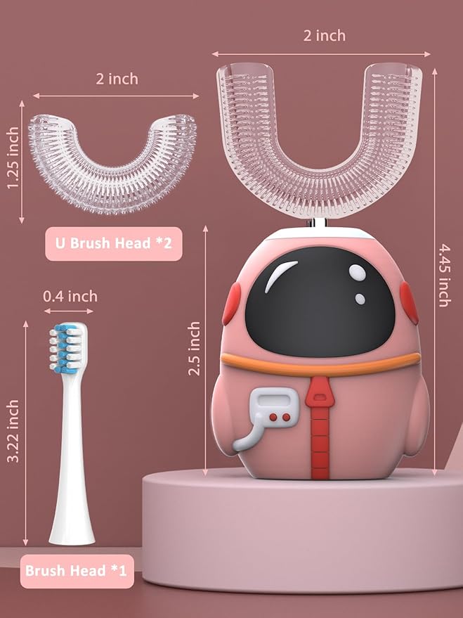 FTOYIN Kids Electric Toothbrush with 3 Brush Heads, U Shaped Ultrasonic Toothbrush Kids with 5 Modes, 45s Smart Reminder, 360-Degree Automatic Cleaning, IPX7 Waterproof Design